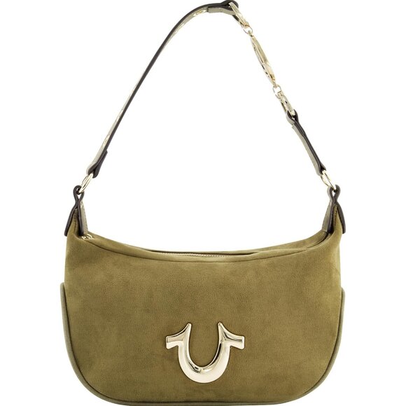 Women's Olive Faux Leather Hobo Shoulder Bag with Eyelet Strap and Gold Hardware
